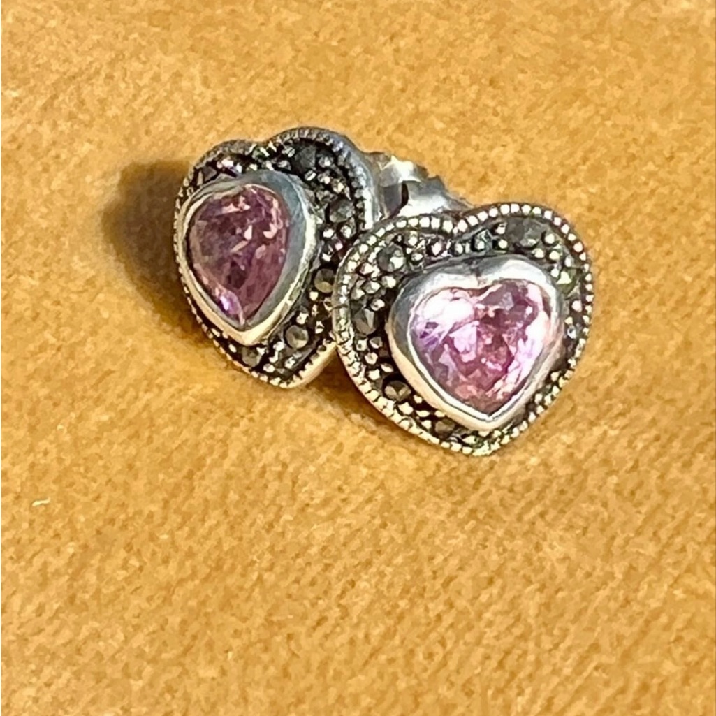 Sweet Sterling Silver And Marcasite Vintage Earrings With Original Backs.